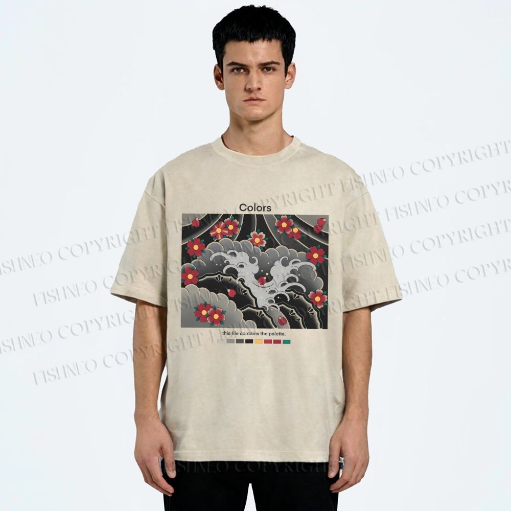 Unisex Waves And Cherry Blossoms Printed Washed Tee