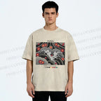 Unisex Waves And Cherry Blossoms Printed Washed Tee