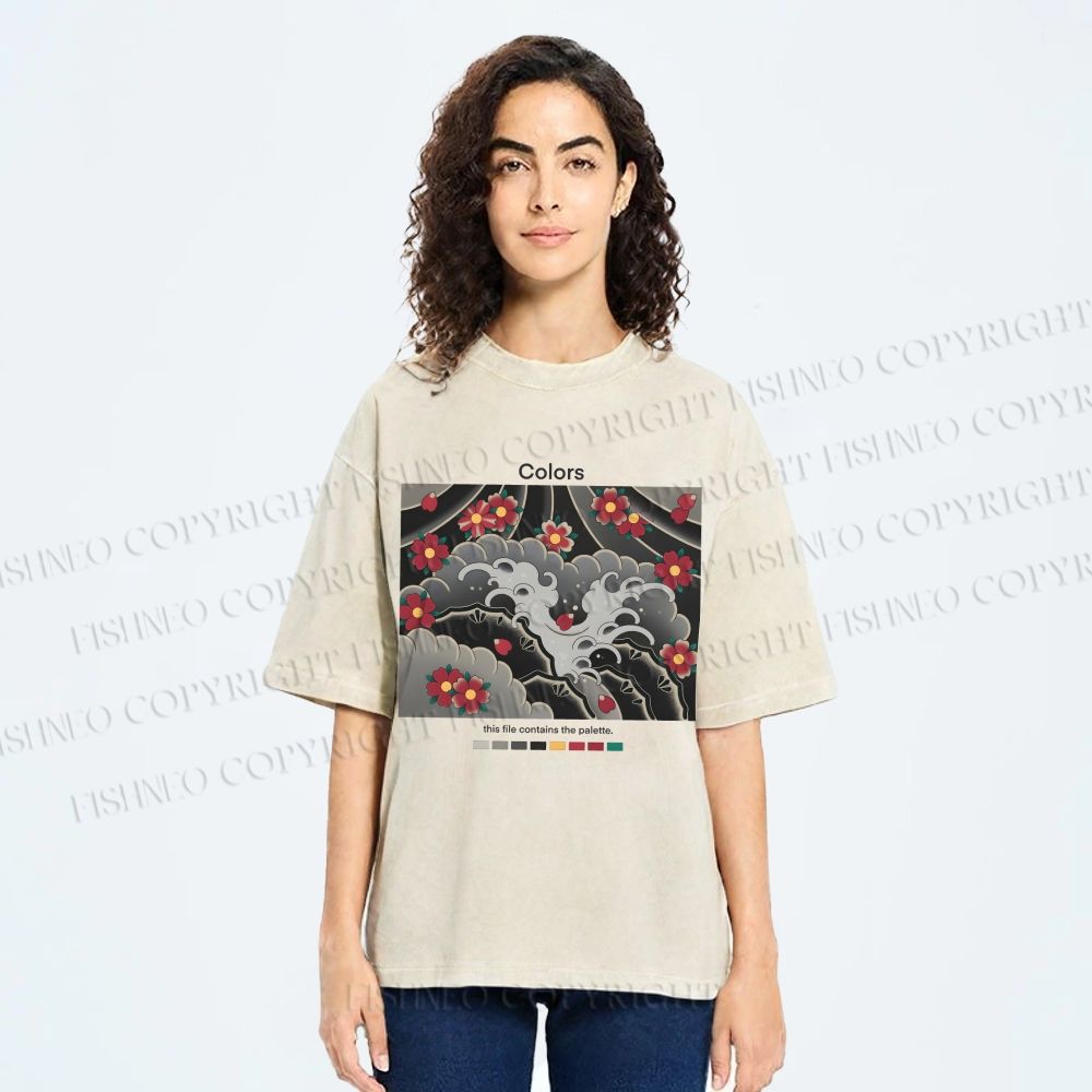 Unisex Waves And Cherry Blossoms Printed Washed Tee