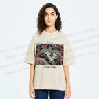 Unisex Waves And Cherry Blossoms Printed Washed Tee