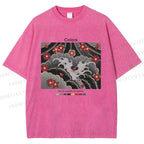 Unisex Waves And Cherry Blossoms Printed Washed Tee