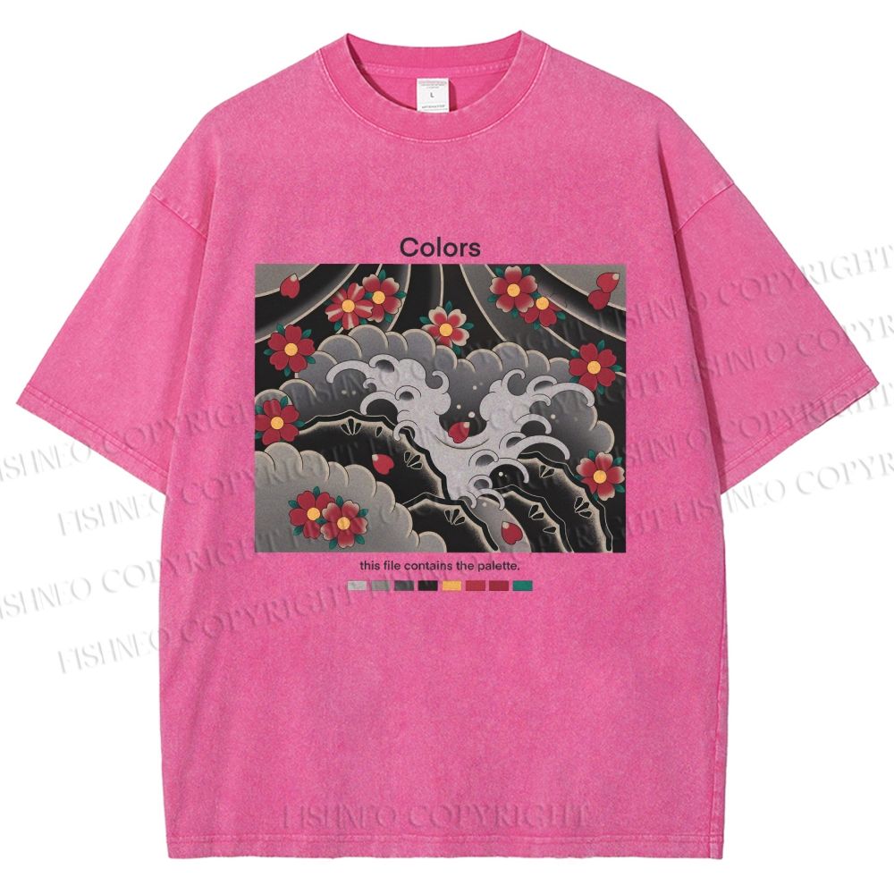 Unisex Waves And Cherry Blossoms Printed Washed Tee