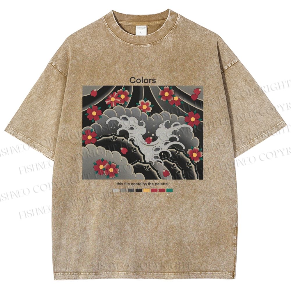 Unisex Waves And Cherry Blossoms Printed Washed Tee