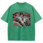 Unisex Waves And Cherry Blossoms Printed Washed Tee