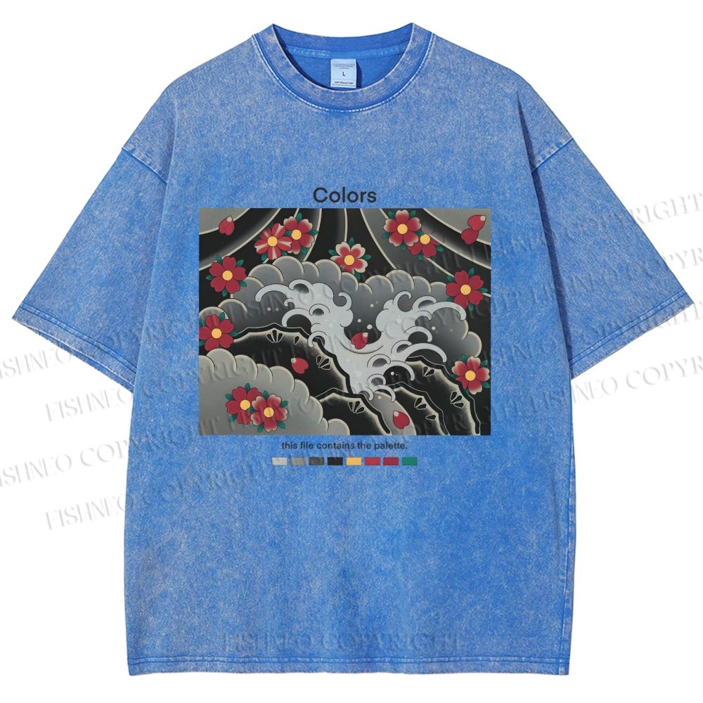 Unisex Waves And Cherry Blossoms Printed Washed Tee