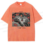 Unisex Waves And Cherry Blossoms Printed Washed Tee