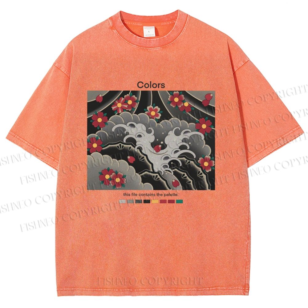 Unisex Waves And Cherry Blossoms Printed Washed Tee