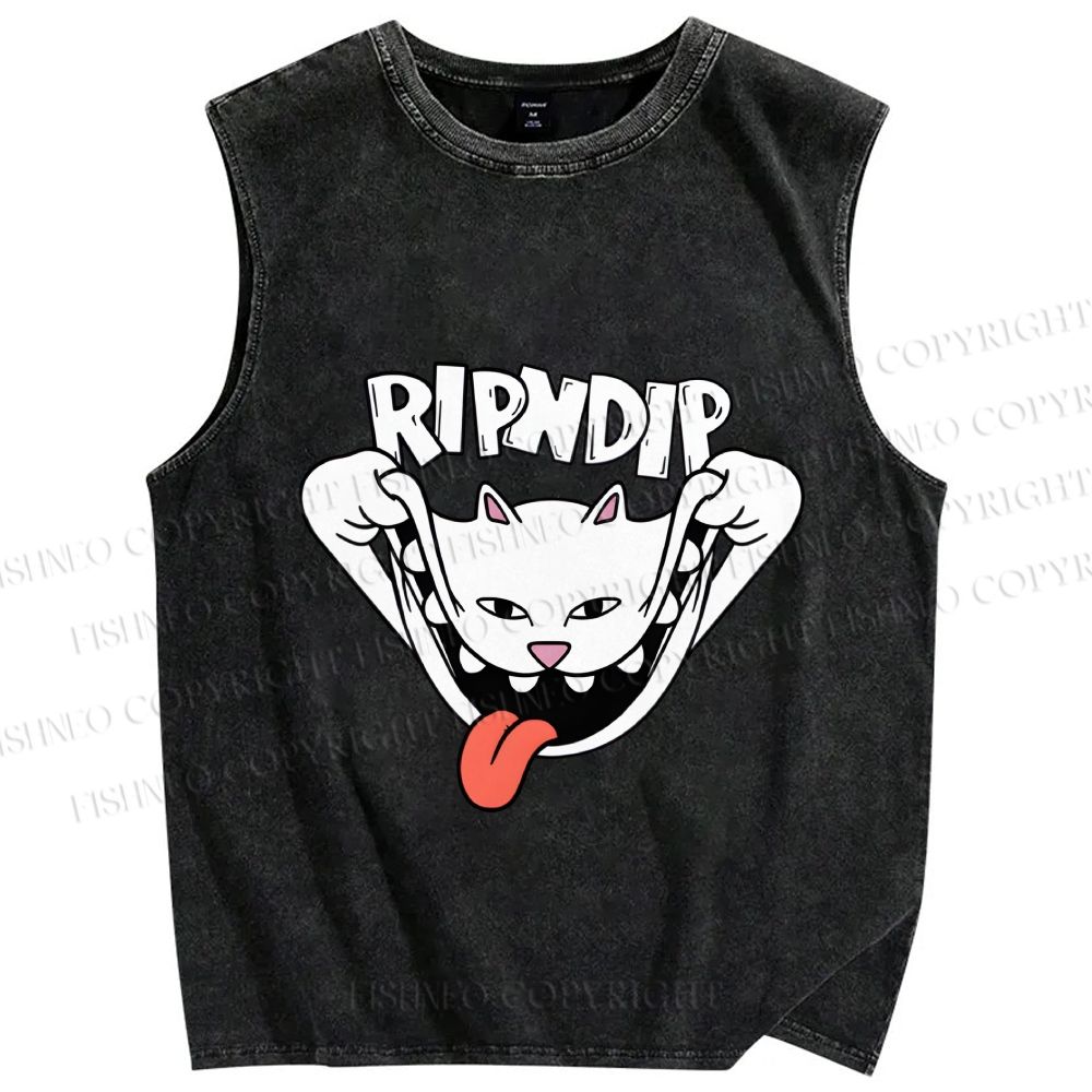Unisex Rip N Dip Funny Cat Printed Washed Tank Top