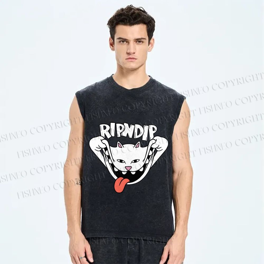 Unisex Rip N Dip Funny Cat Printed Washed Tank Top
