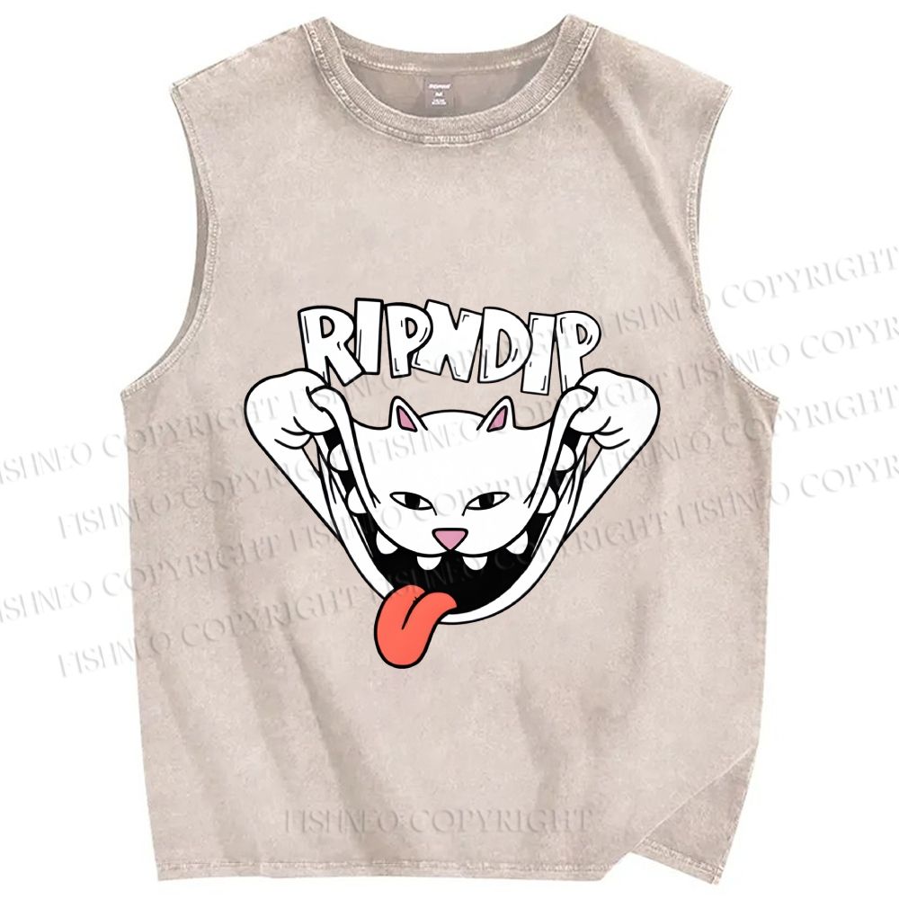 Unisex Rip N Dip Funny Cat Printed Washed Tank Top