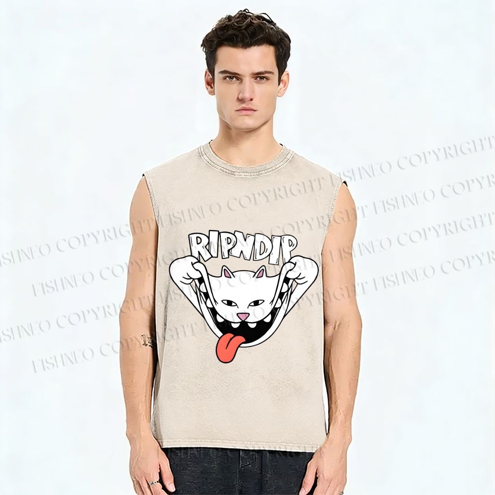 Unisex Rip N Dip Funny Cat Printed Washed Tank Top