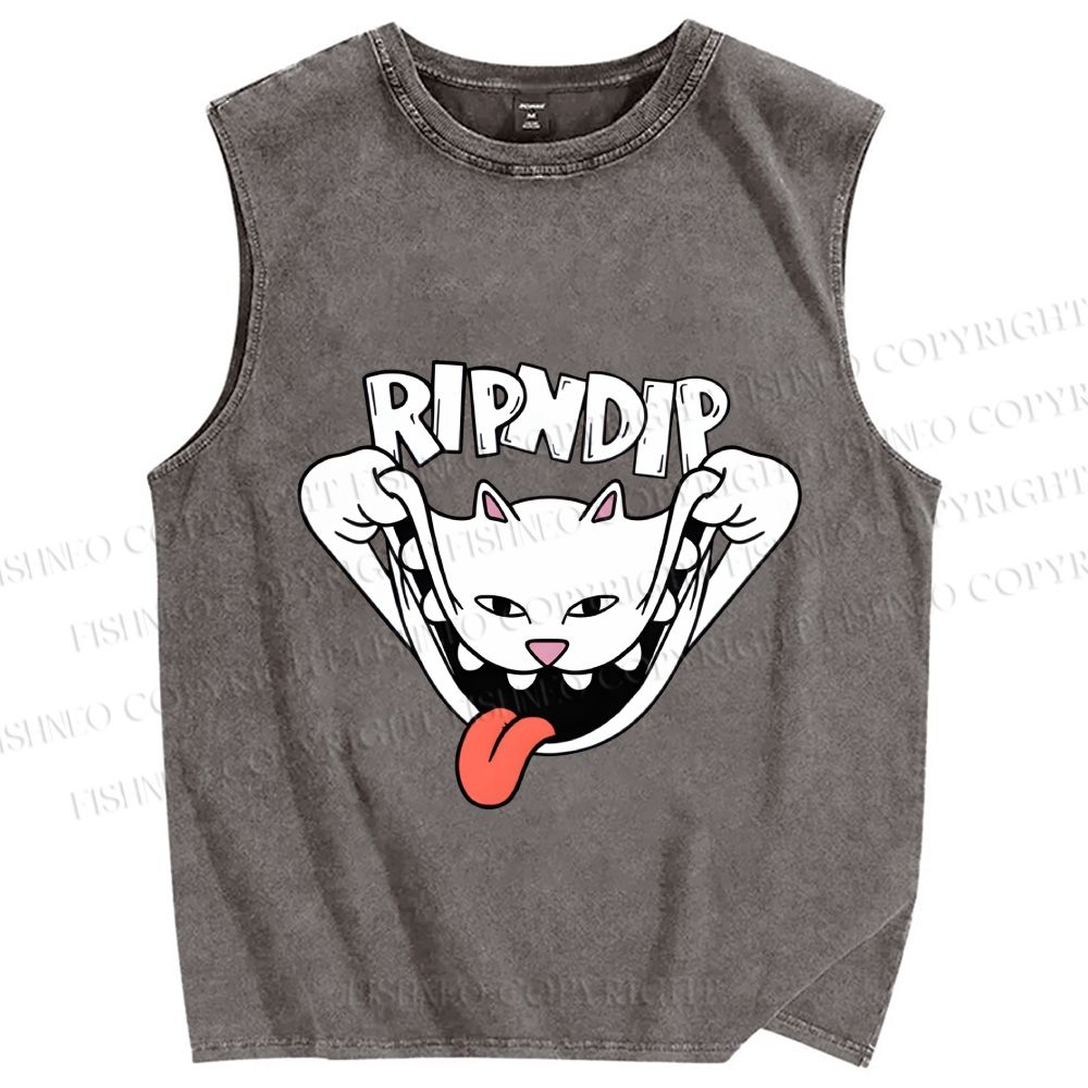 Unisex Rip N Dip Funny Cat Printed Washed Tank Top