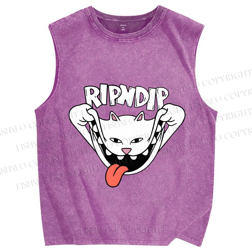 Unisex Rip N Dip Funny Cat Printed Washed Tank Top