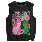Unisex Flower Cats Printed Washed Tank Top