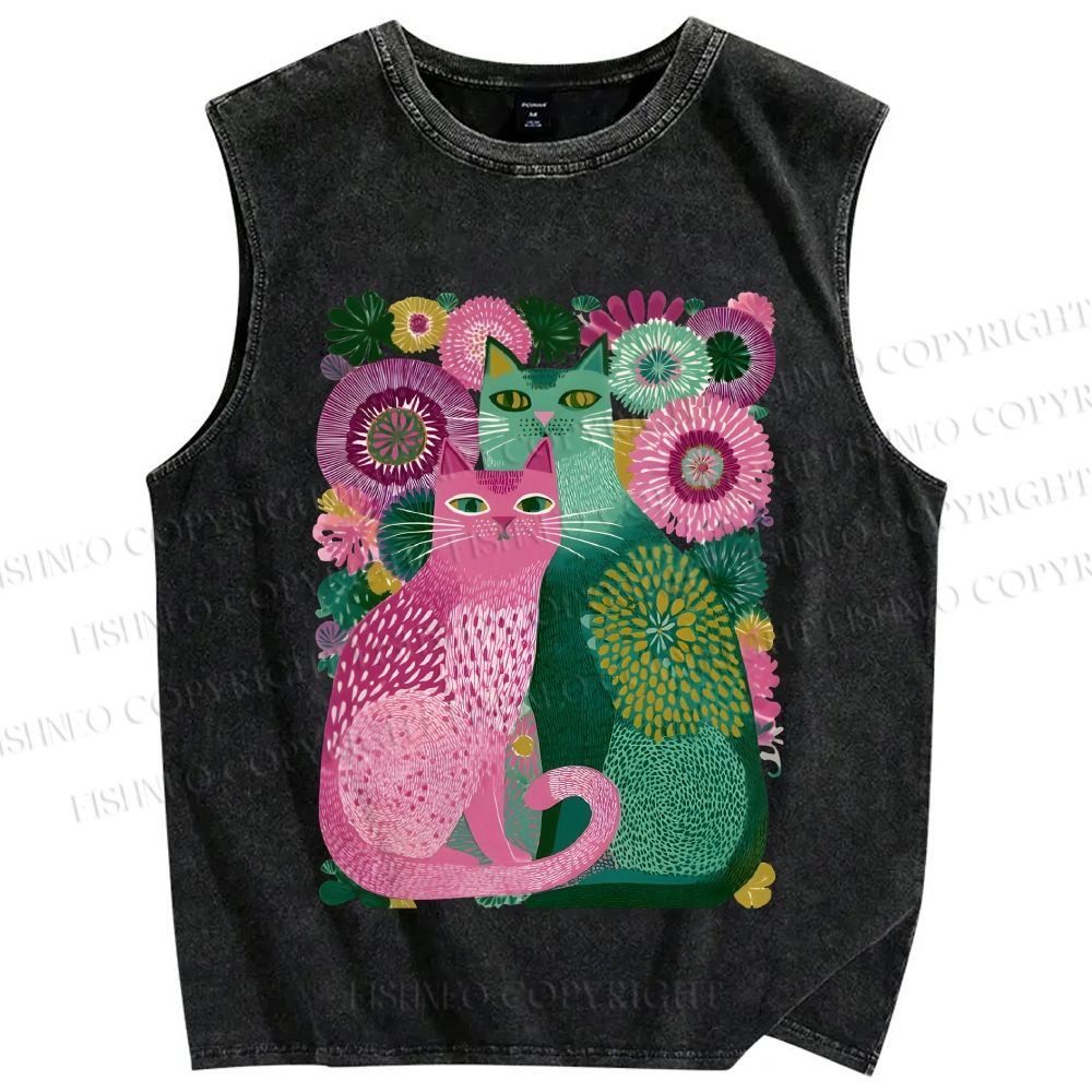 Unisex Flower Cats Printed Washed Tank Top