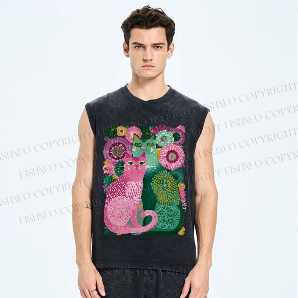 Unisex Flower Cats Printed Washed Tank Top