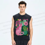 Unisex Flower Cats Printed Washed Tank Top