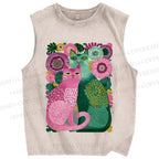 Unisex Flower Cats Printed Washed Tank Top