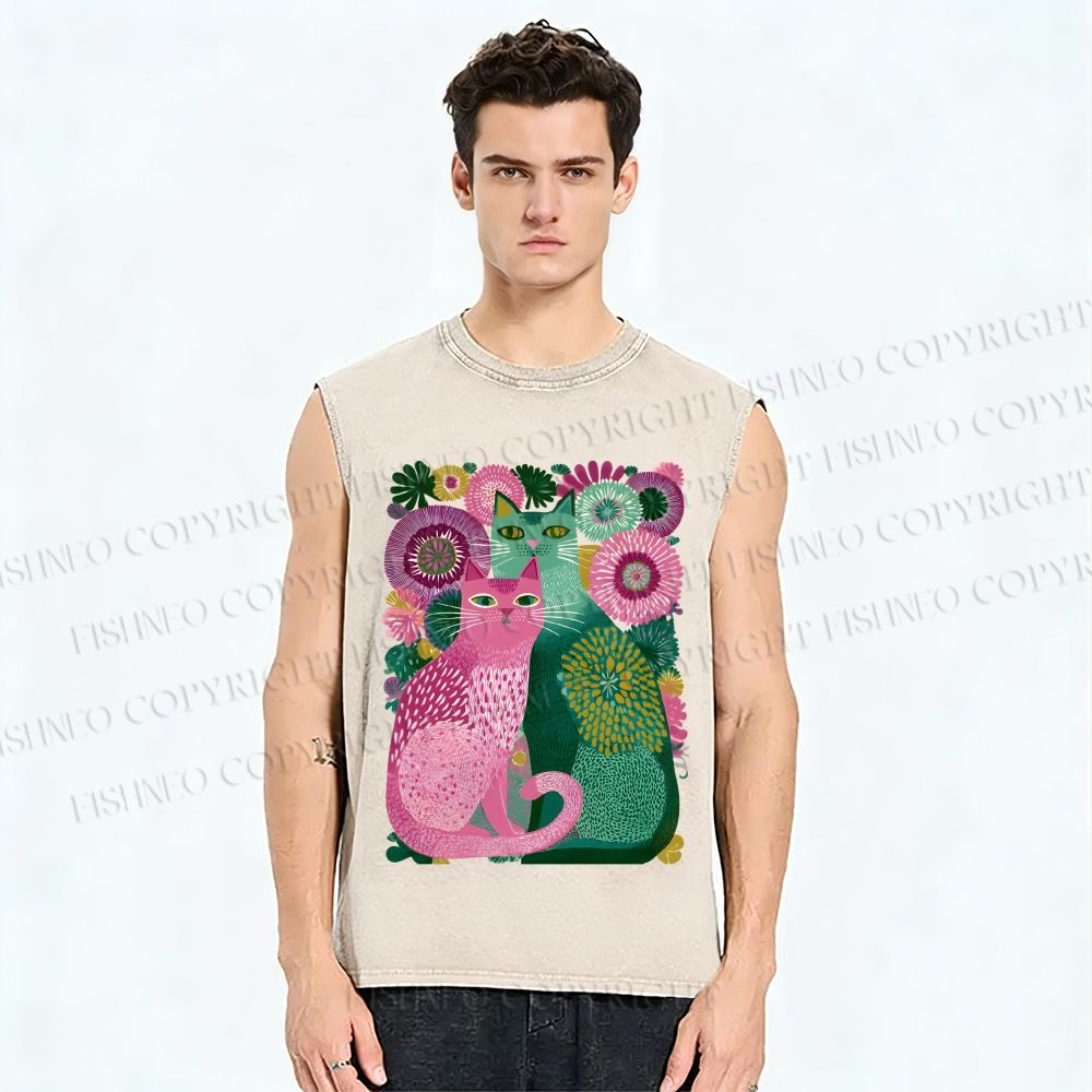 Unisex Flower Cats Printed Washed Tank Top
