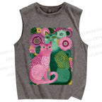 Unisex Flower Cats Printed Washed Tank Top