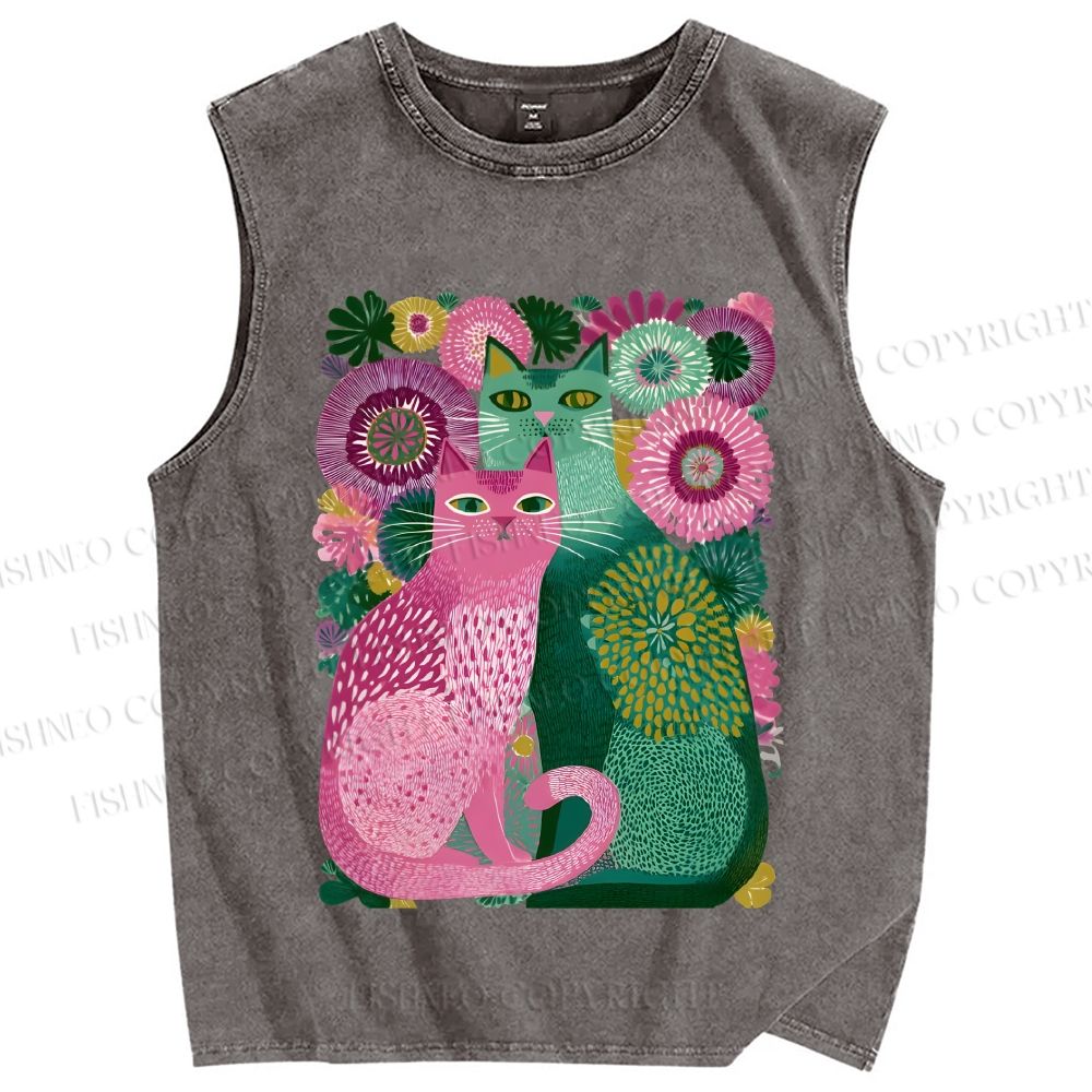 Unisex Flower Cats Printed Washed Tank Top