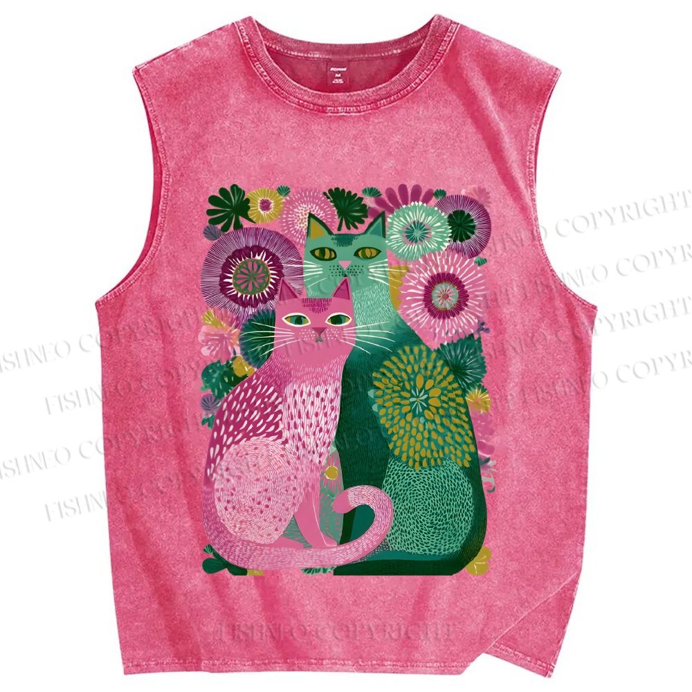 Unisex Flower Cats Printed Washed Tank Top