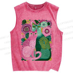 Unisex Flower Cats Printed Washed Tank Top