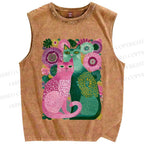 Unisex Flower Cats Printed Washed Tank Top