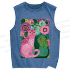 Unisex Flower Cats Printed Washed Tank Top