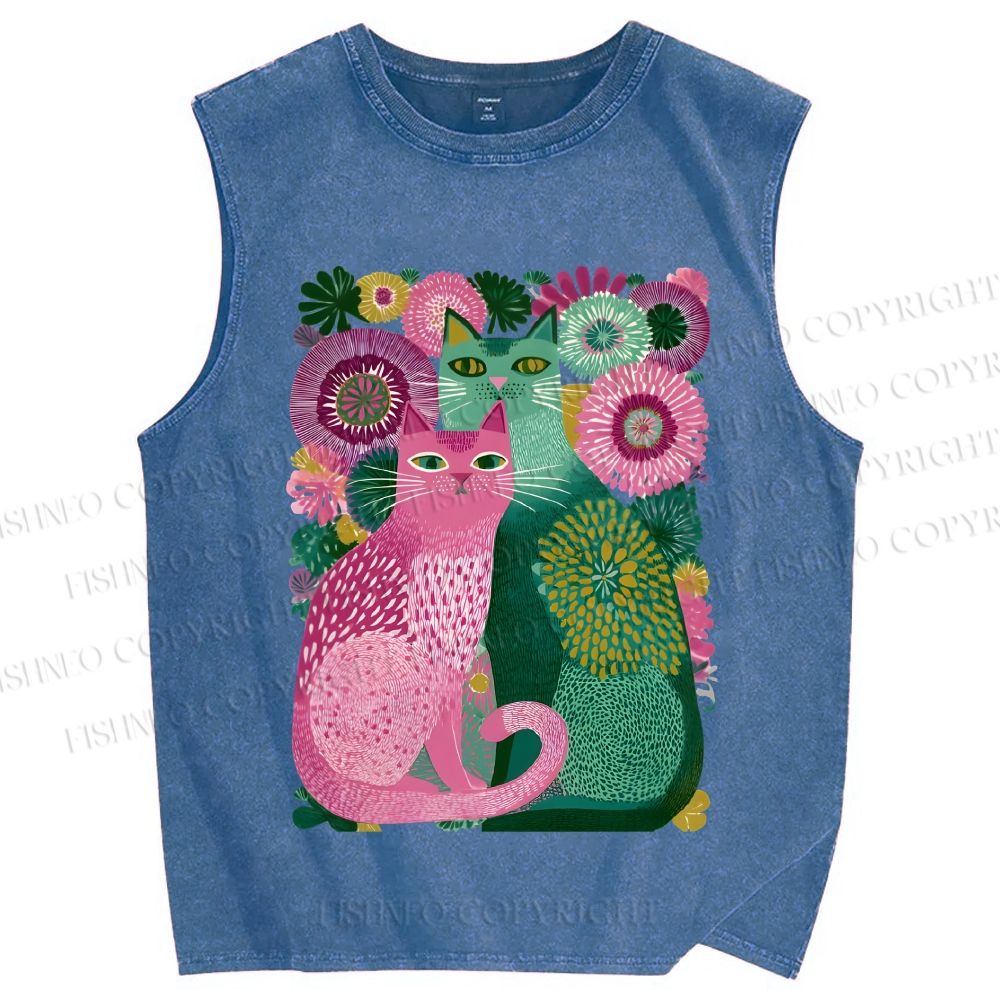 Unisex Flower Cats Printed Washed Tank Top