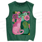 Unisex Flower Cats Printed Washed Tank Top