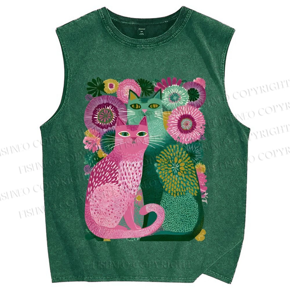 Unisex Flower Cats Printed Washed Tank Top
