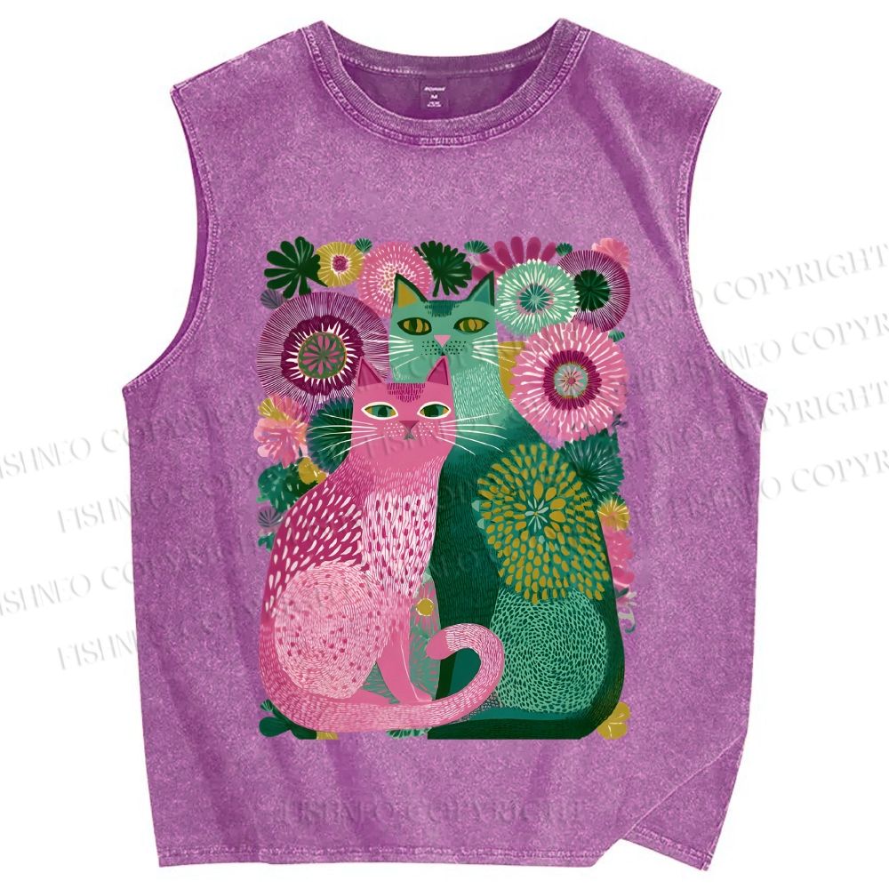 Unisex Flower Cats Printed Washed Tank Top
