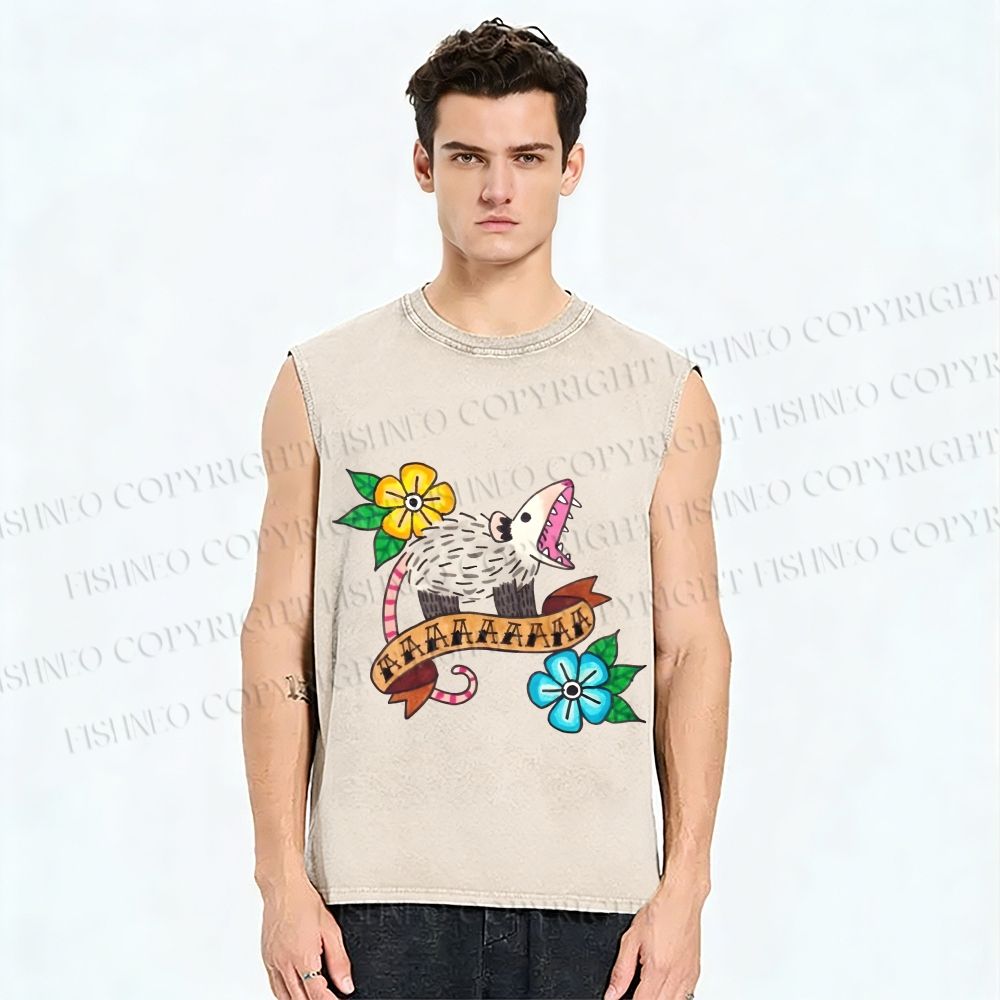 Unisex Screaming Opossum Printed Washed Tank Top