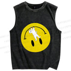 Unisex Cat Hang on a Upside Down Smiling Face Printed Washed Tank Top