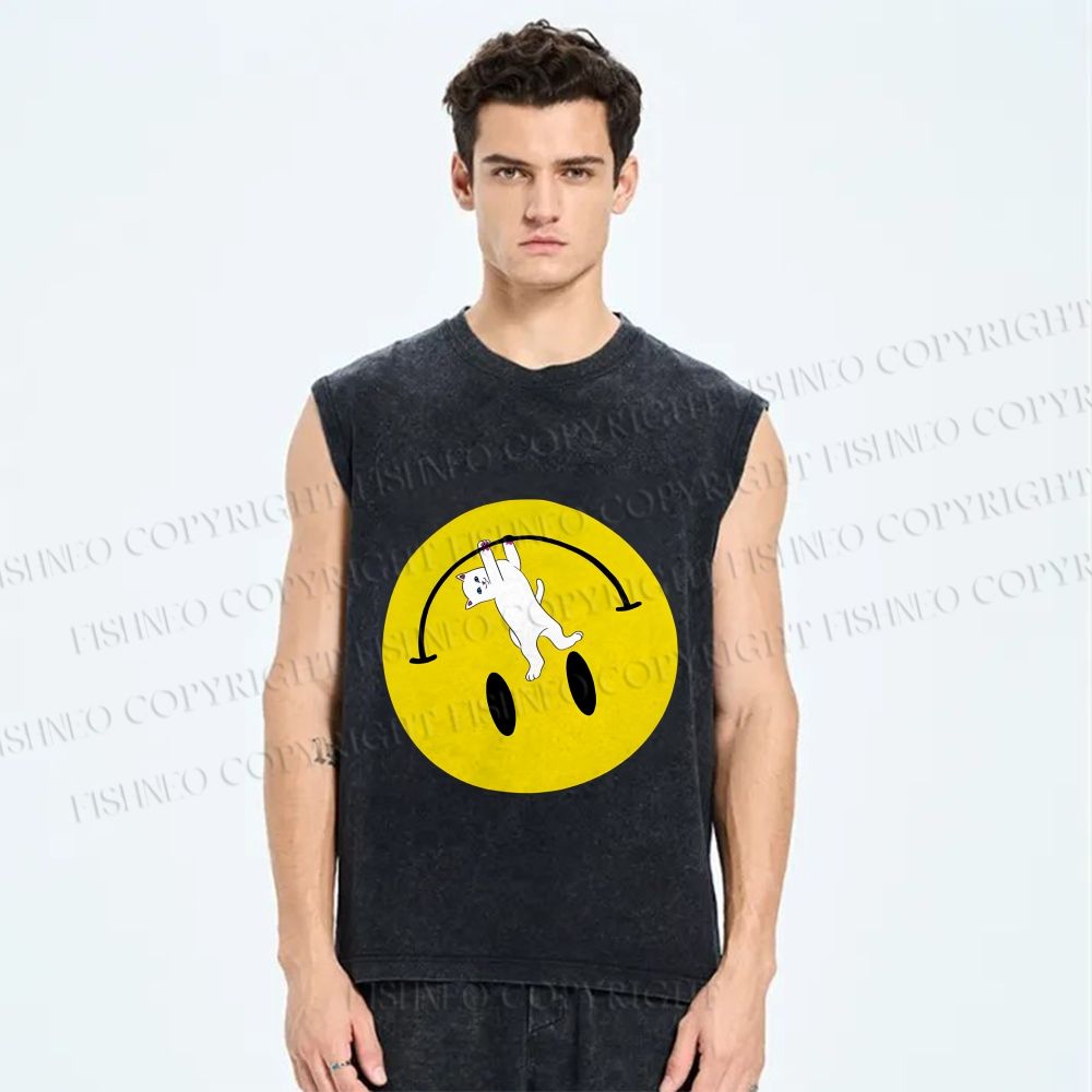 Unisex Cat Hang on a Upside Down Smiling Face Printed Washed Tank Top