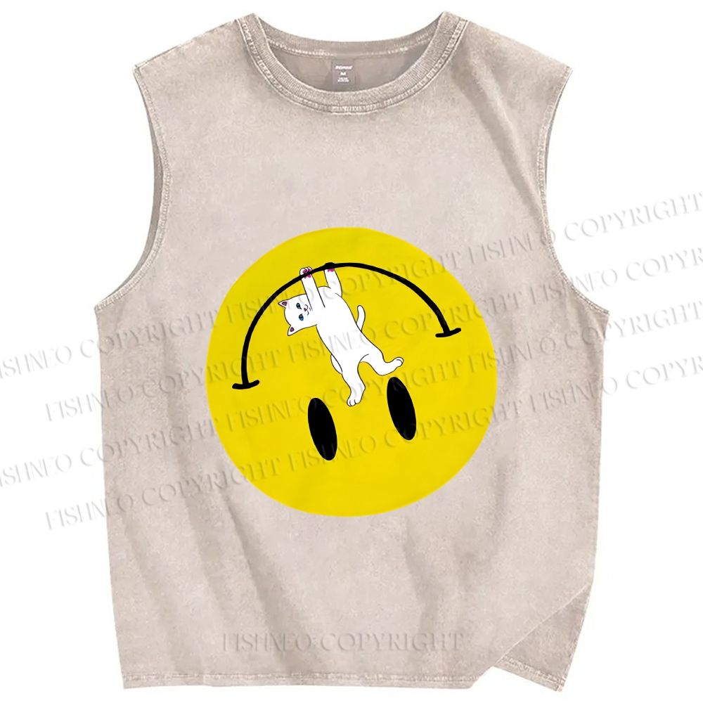 Unisex Cat Hang on a Upside Down Smiling Face Printed Washed Tank Top