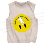 Unisex Cat Hang on a Upside Down Smiling Face Printed Washed Tank Top