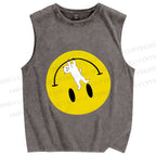 Unisex Cat Hang on a Upside Down Smiling Face Printed Washed Tank Top