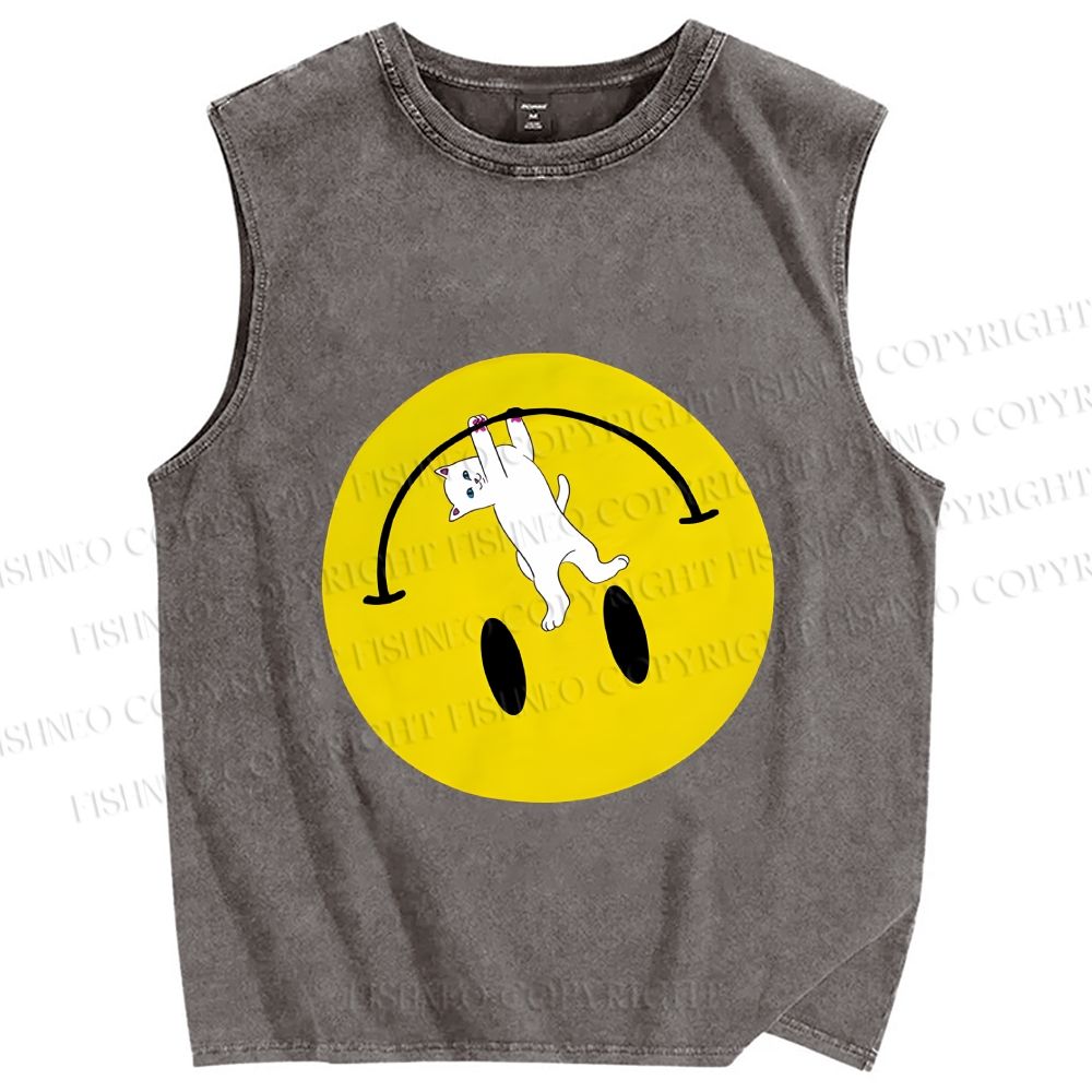 Unisex Cat Hang on a Upside Down Smiling Face Printed Washed Tank Top