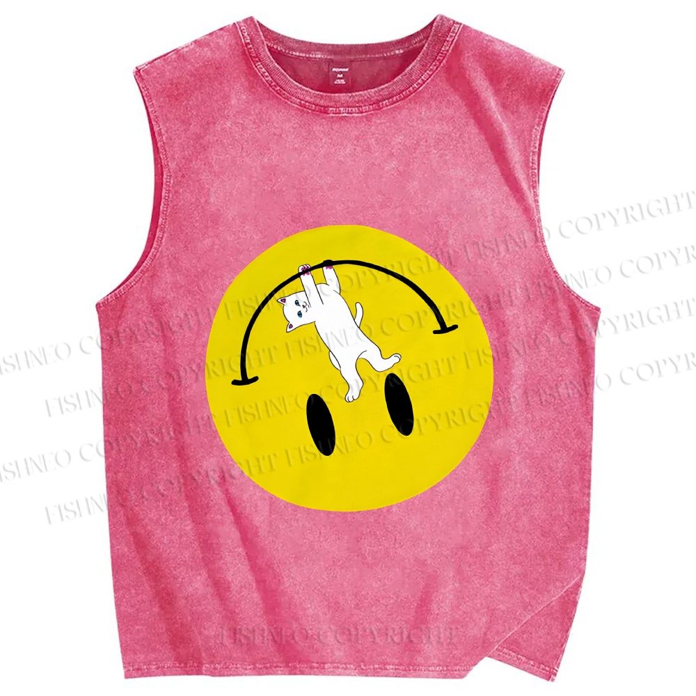Unisex Cat Hang on a Upside Down Smiling Face Printed Washed Tank Top