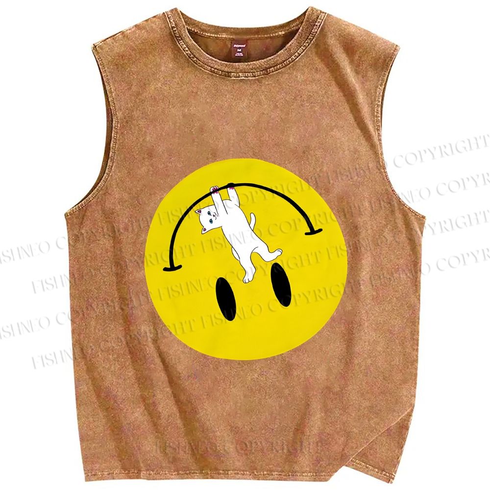 Unisex Cat Hang on a Upside Down Smiling Face Printed Washed Tank Top