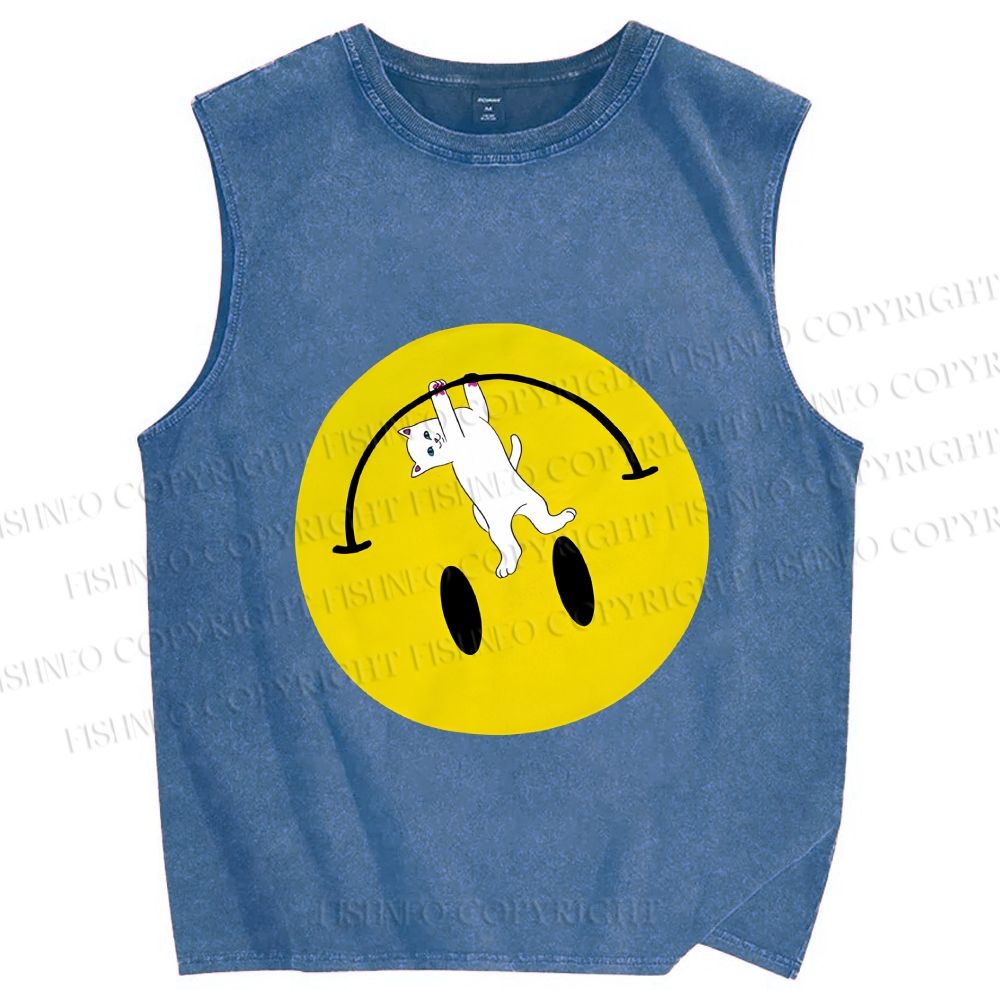 Unisex Cat Hang on a Upside Down Smiling Face Printed Washed Tank Top