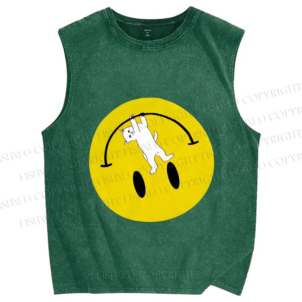 Unisex Cat Hang on a Upside Down Smiling Face Printed Washed Tank Top