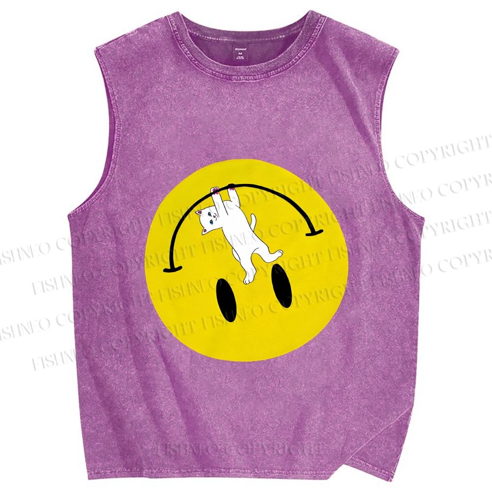 Unisex Cat Hang on a Upside Down Smiling Face Printed Washed Tank Top