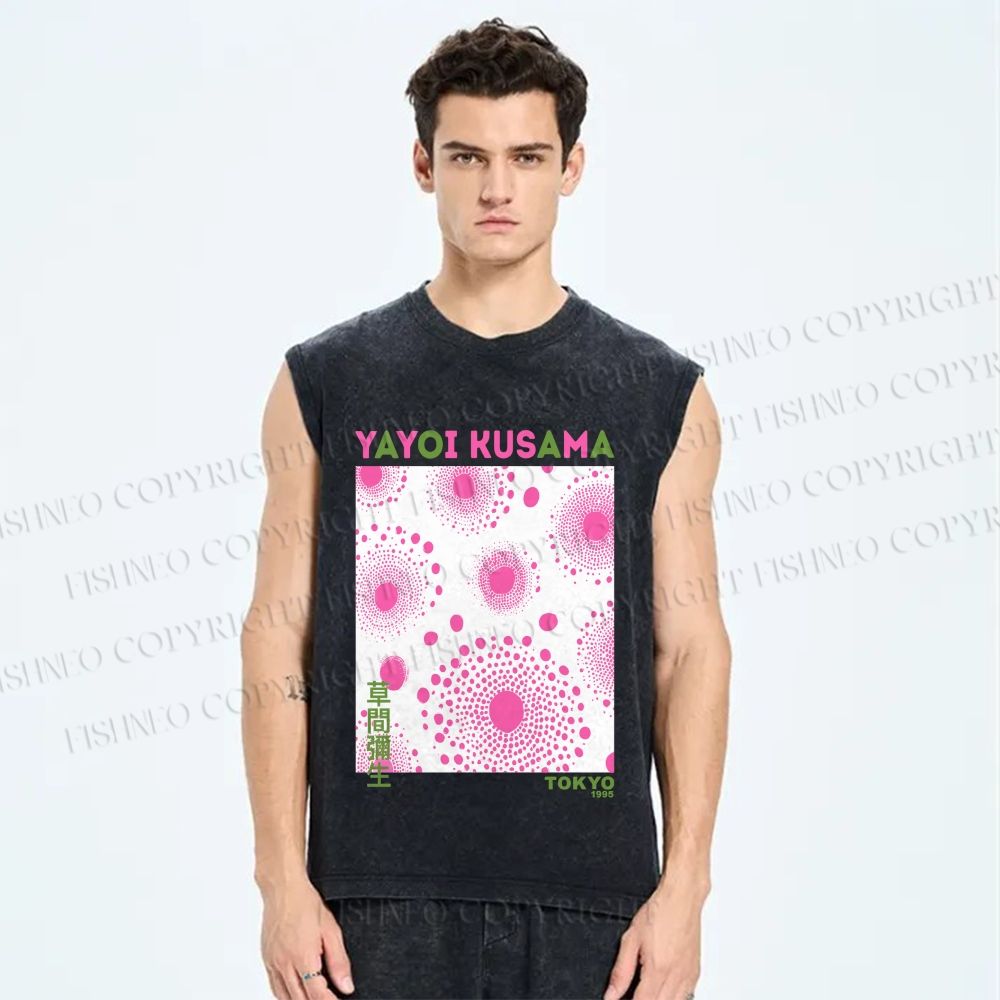 Unisex Yayoi Kusama Pink Dots Printed Washed Tank Top
