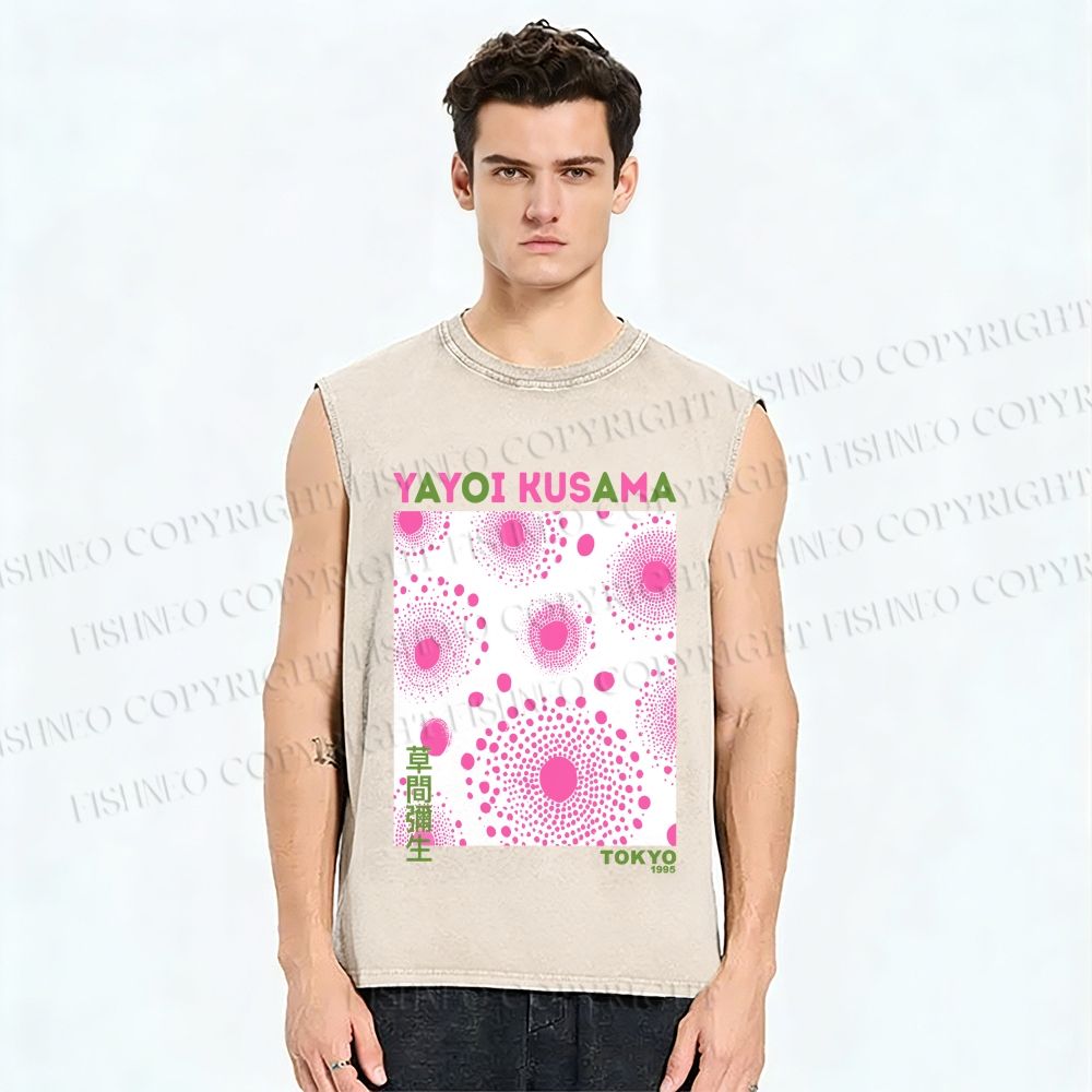 Unisex Yayoi Kusama Pink Dots Printed Washed Tank Top