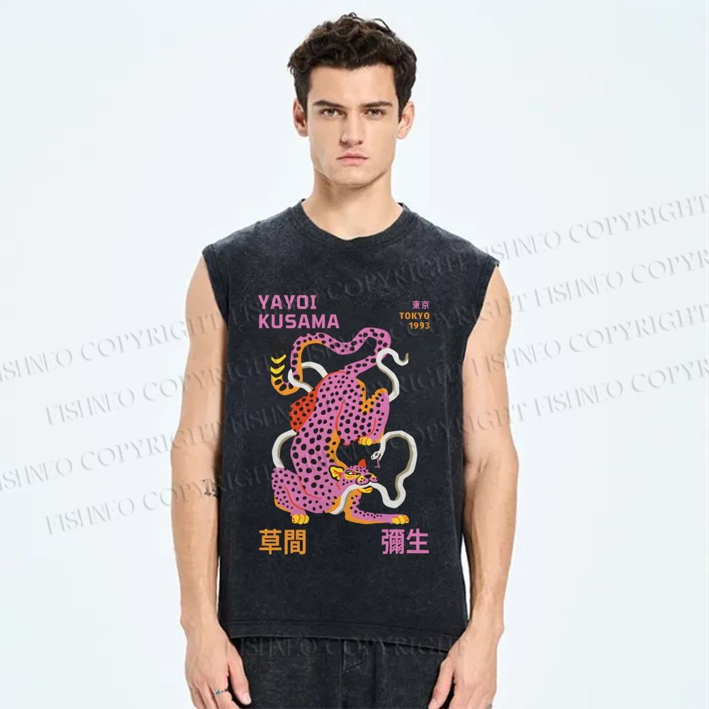 Unisex Yayoi Kusama Pink Panther Printed Washed Tank Top