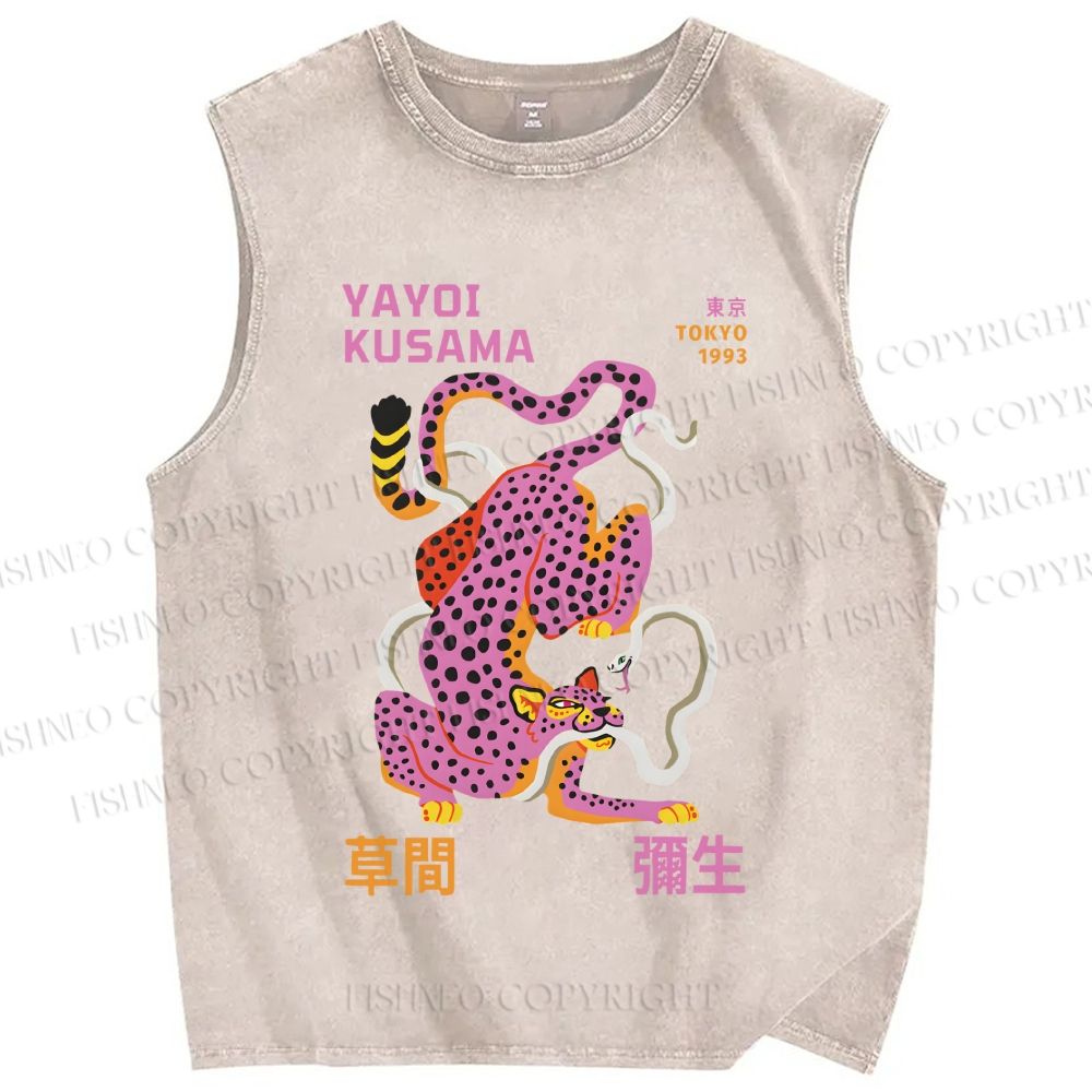 Unisex Yayoi Kusama Pink Panther Printed Washed Tank Top