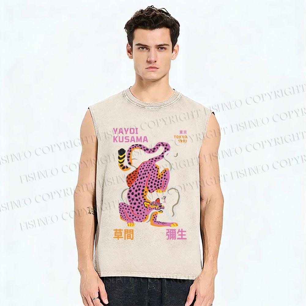 Unisex Yayoi Kusama Pink Panther Printed Washed Tank Top